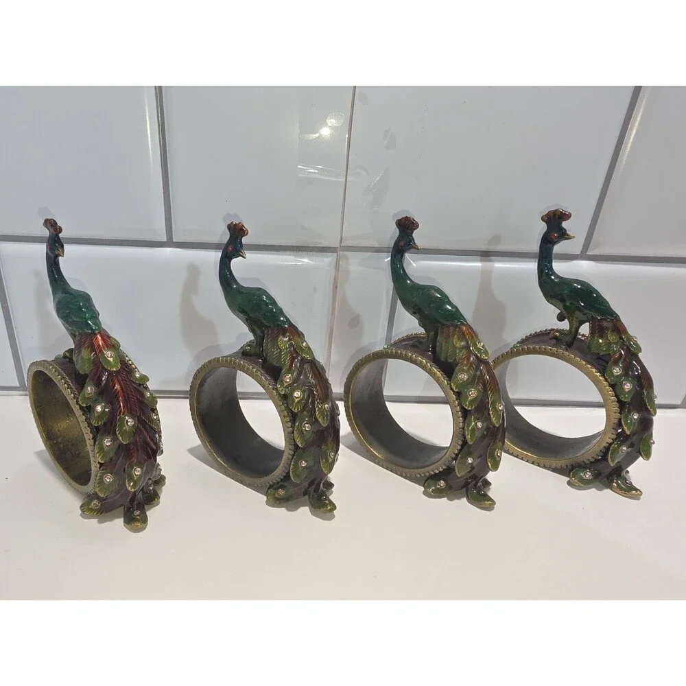 Peacock Enamel Napkin Ring Holders Brass Metal & Rhinestones set of 4